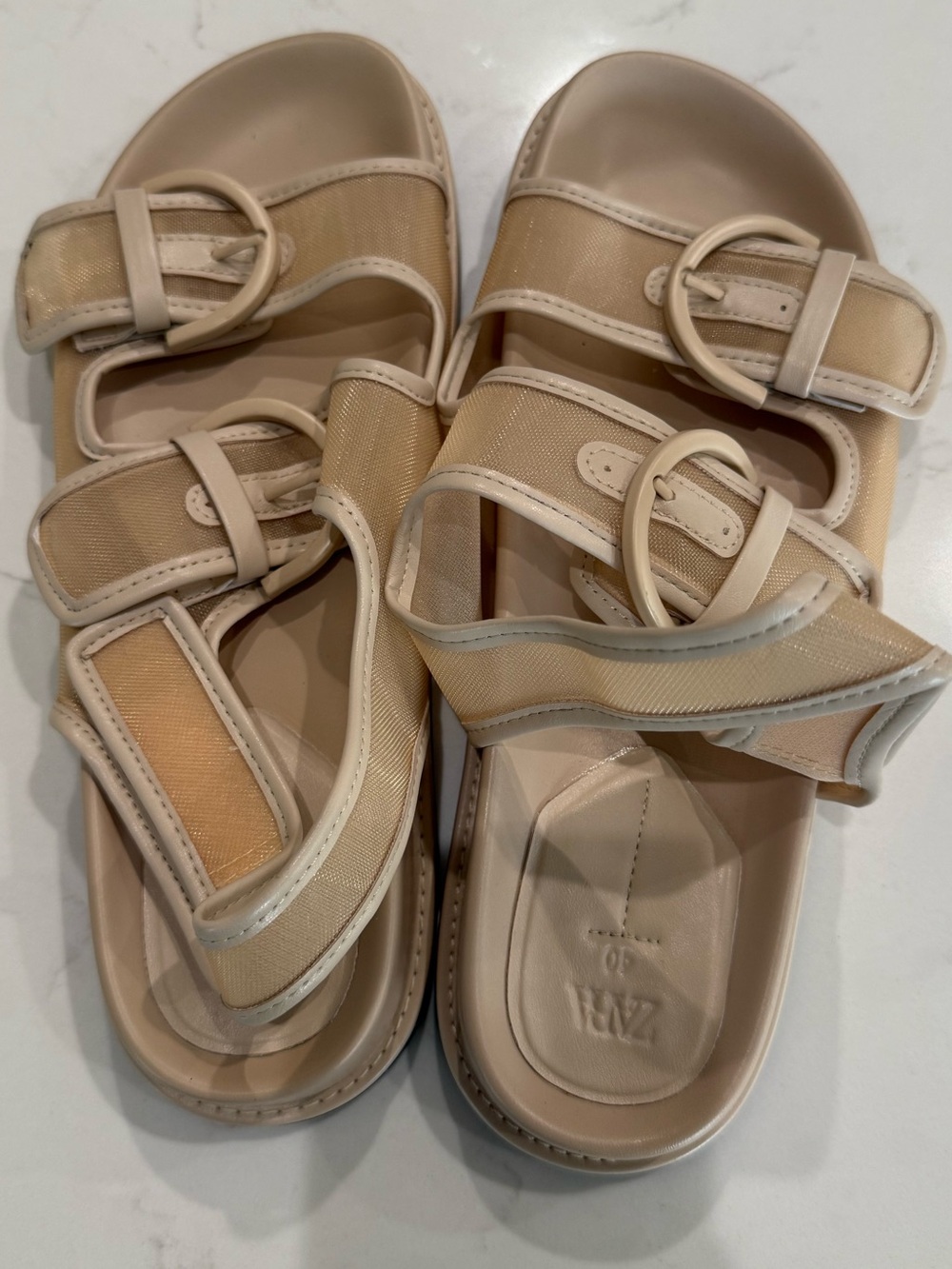Never Worn Zara Beige Mesh Double-Strap Buckle Sandals - Picture 1 of 5